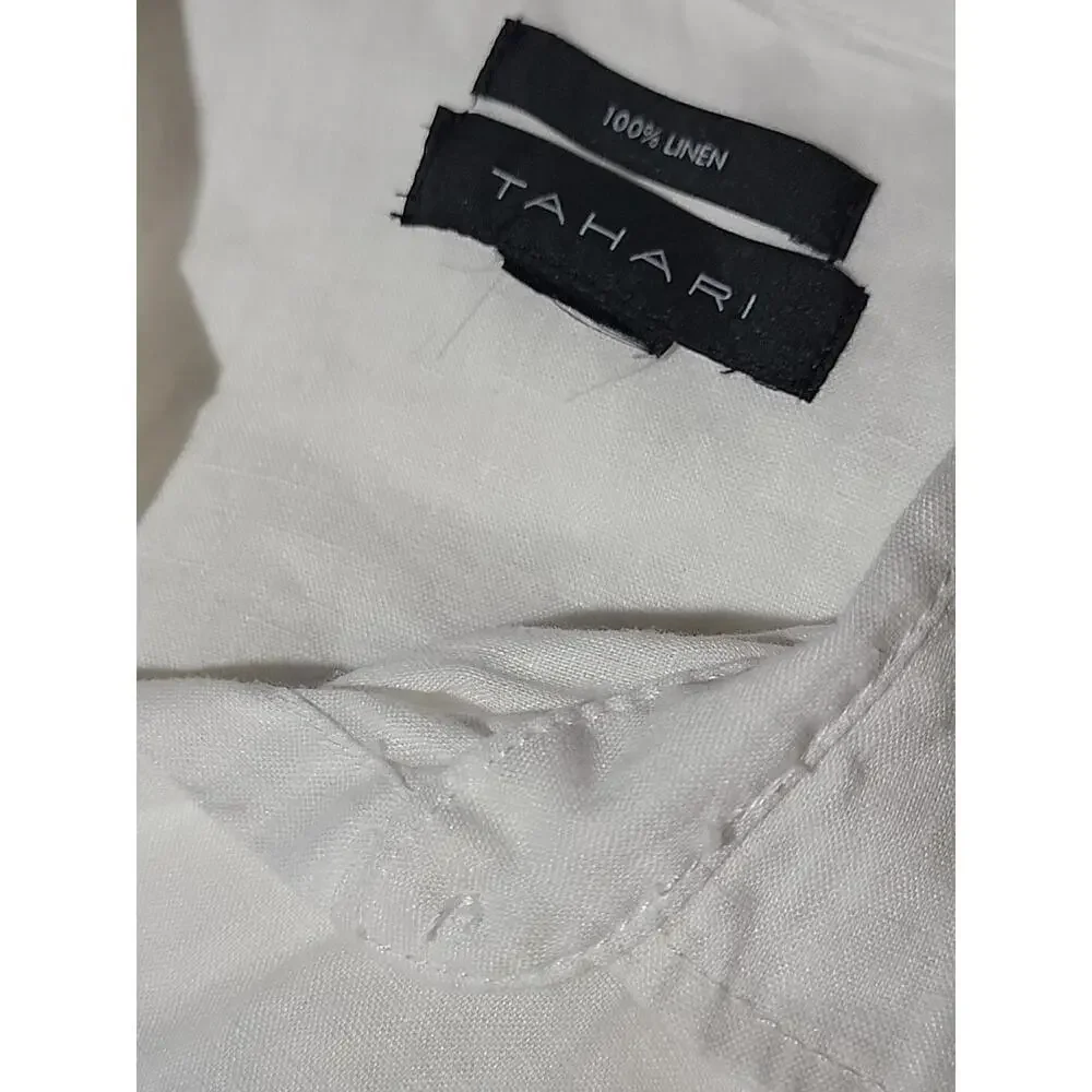 Tahari 100% Linen White Size M Roll-tab Sleeves Button Down Shirt Tunic Top #C - Picture 9 of 12